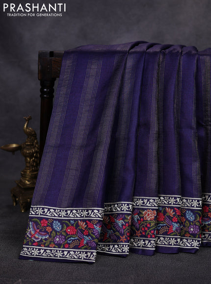 Pure tussar saree dark blue with allover zari stripe pattern and embroidery border