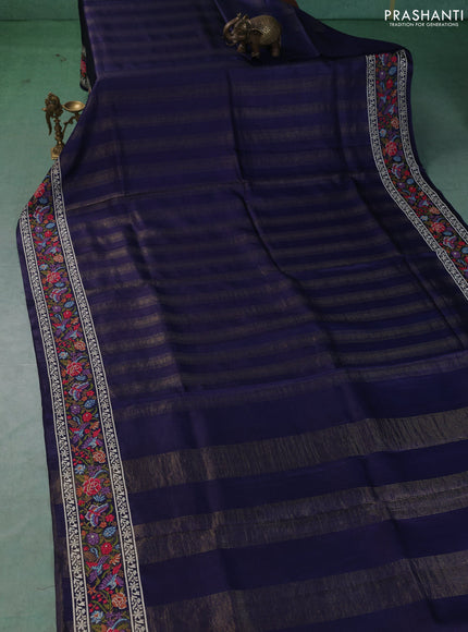 Pure tussar saree dark blue with allover zari stripe pattern and embroidery border