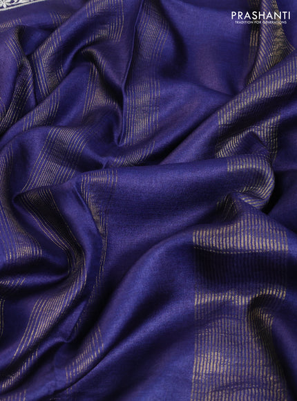 Pure tussar saree dark blue with allover zari stripe pattern and embroidery border