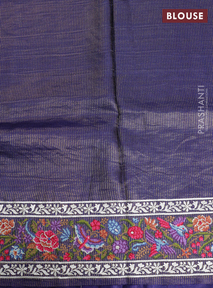 Pure tussar saree dark blue with allover zari stripe pattern and embroidery border