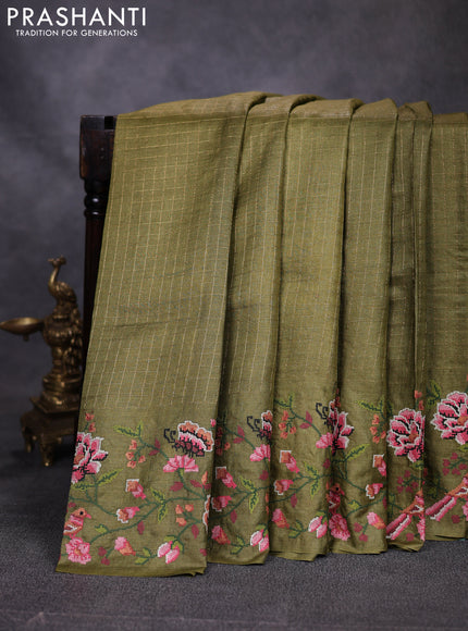 Pure tussar saree mehendi green with allover zari woven checked pattern and convent embroidery border