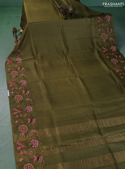 Pure tussar saree mehendi green with allover zari woven checked pattern and convent embroidery border