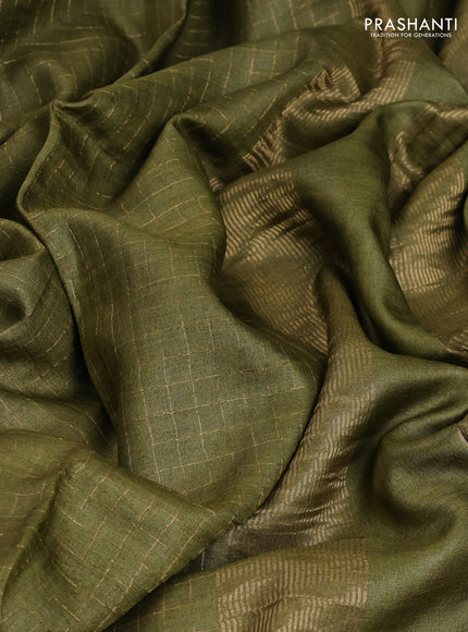 Pure tussar saree mehendi green with allover zari woven checked pattern and convent embroidery border