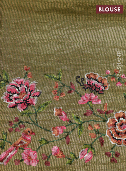 Pure tussar saree mehendi green with allover zari woven checked pattern and convent embroidery border