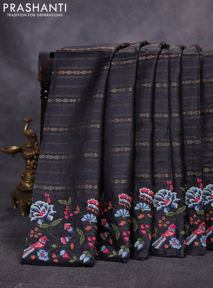 Pure tussar saree black with allover zari weaves and convent embroidery border