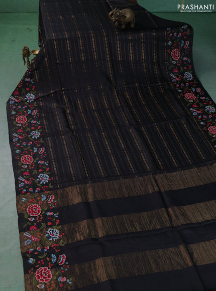 Pure tussar saree black with allover zari weaves and convent embroidery border