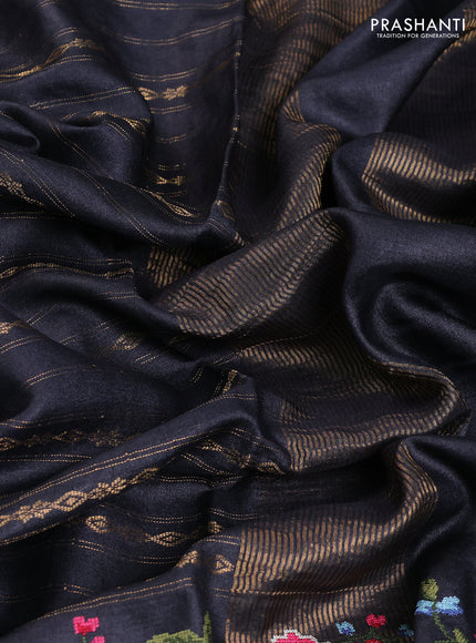 Pure tussar saree black with allover zari weaves and convent embroidery border