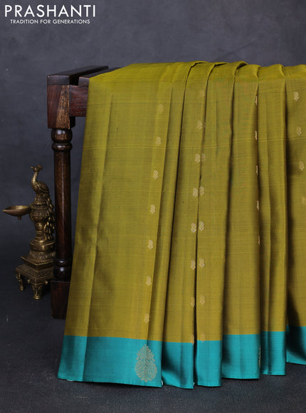 Pure kanchipuram silk saree mehendi green and teal green with zari woven buttas and zari woven butta border