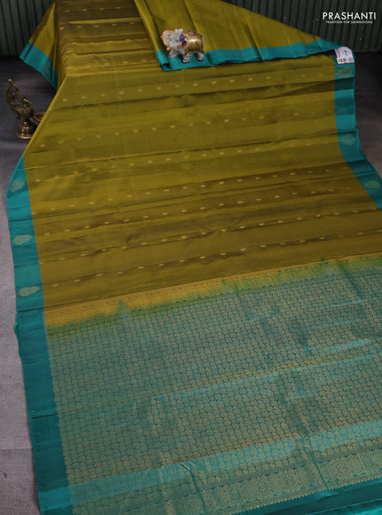 Pure kanchipuram silk saree mehendi green and teal green with zari woven buttas and zari woven butta border