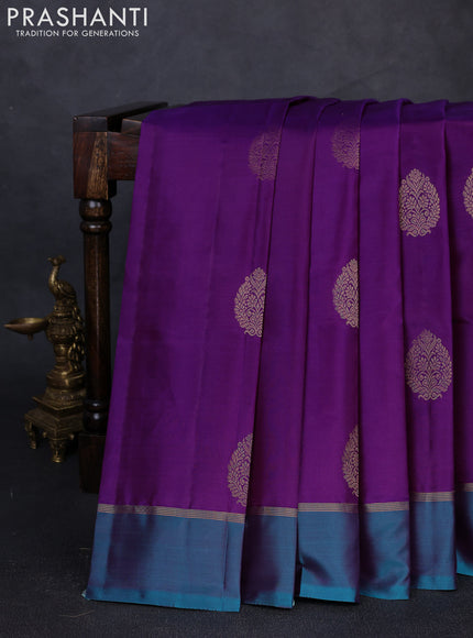 Pure kanchipuram silk saree purple and teal green with zari woven buttas and simple border