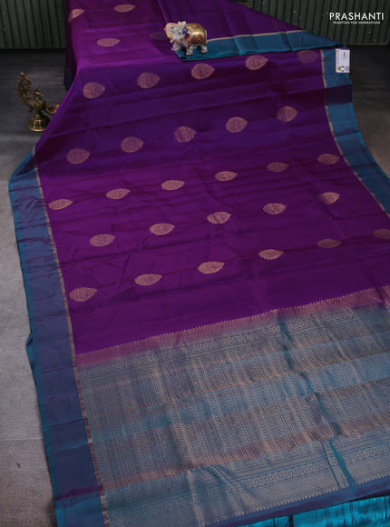 Pure kanchipuram silk saree purple and teal green with zari woven buttas and simple border