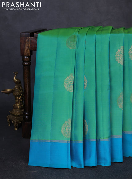 Pure kanchipuram silk saree green and teal blue with zari woven buttas and simple border