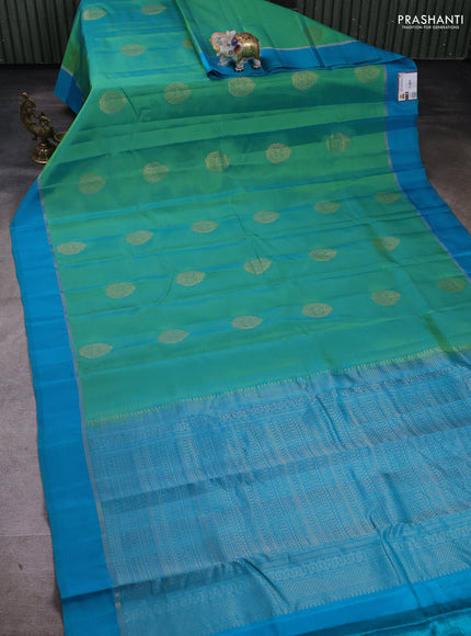 Pure kanchipuram silk saree green and teal blue with zari woven buttas and simple border