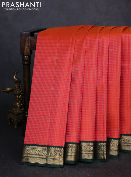 Pure kanchipuram silk saree orange and green with allover zari checks & buttas and zari woven border