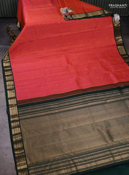 Pure kanchipuram silk saree orange and green with allover zari checks & buttas and zari woven border