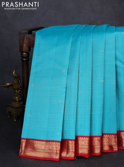 Pure kanchipuram silk saree teal blue and red with allover zari checks & buttas and zari woven border