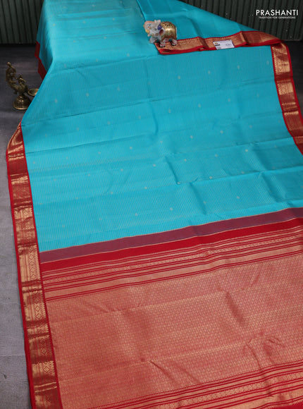 Pure kanchipuram silk saree teal blue and red with allover zari checks & buttas and zari woven border