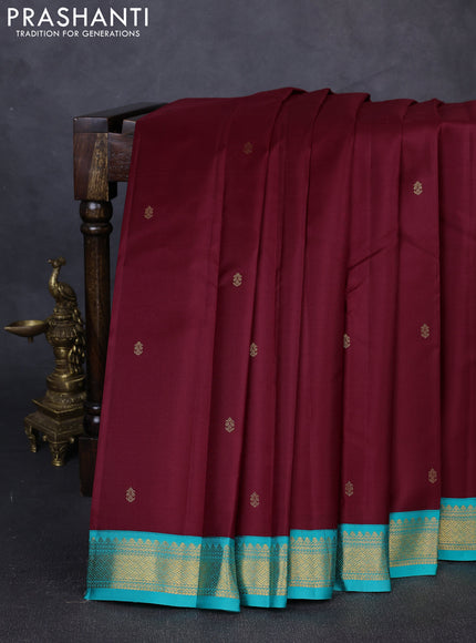 Pure kanchipuram silk saree maroon and teal blue with zari woven buttas and zari woven border