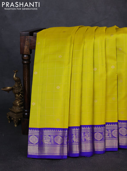 Pure kanchipuram silk saree lime yellow and blue with allover zari checks & buttas and zari woven korvai border