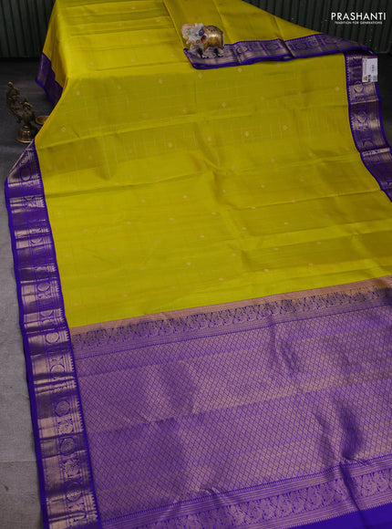 Pure kanchipuram silk saree lime yellow and blue with allover zari checks & buttas and zari woven korvai border