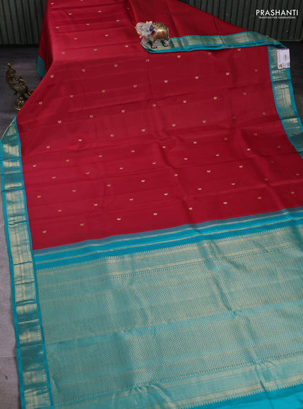 Pure kanchipuram silk saree red and teal blue with zari woven buttas and zari woven korvai border