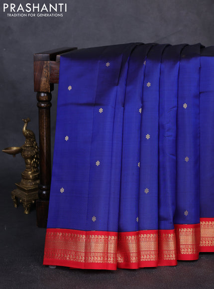 Pure kanchipuram silk saree blue and red with zari woven buttas and zari woven korvai border