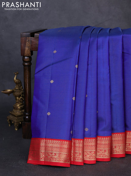 Pure kanchipuram silk saree blue and red with allover zari weaves and zari woven korvai border