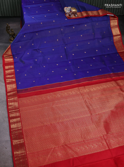 Pure kanchipuram silk saree blue and red with allover zari weaves and zari woven korvai border