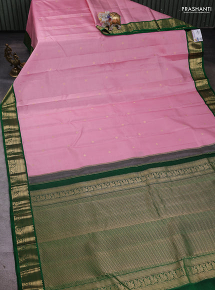 Pure kanchipuram silk saree peach pink and green with allover zari weaves and zari woven korvai border