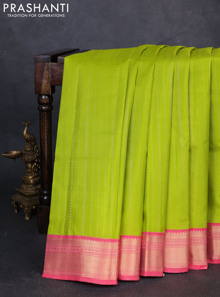 Pure kanchipuram silk saree lime green and pink with allover zari weaves and zari woven border