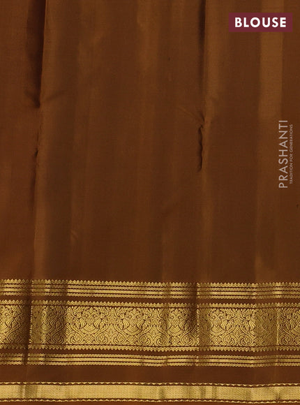 Pure kanchipuram silk saree deep maroon and dark mustard with allover thread stripes pattern and ganga jamuna border