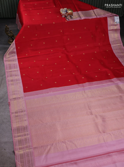 Pure kanchipuram silk saree red and light pink with zari woven buttas and zari woven korvai border