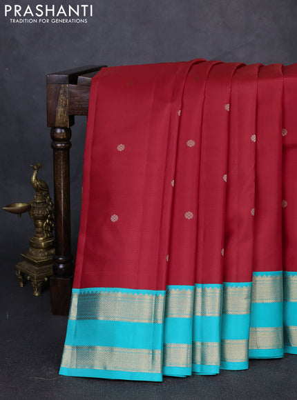 Pure kanchipuram silk saree red and teal blue with zari woven buttas and rettapet zari woven butta border