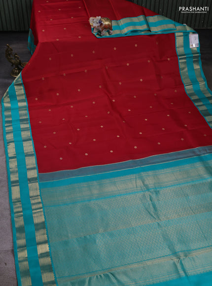 Pure kanchipuram silk saree red and teal blue with zari woven buttas and rettapet zari woven butta border