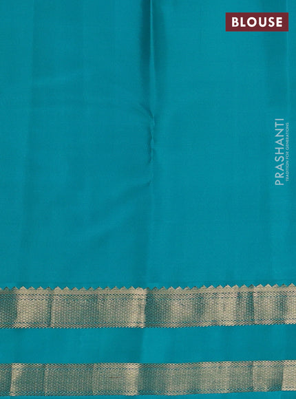Pure kanchipuram silk saree red and teal blue with zari woven buttas and rettapet zari woven butta border