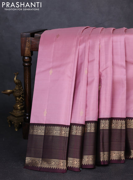 Pure kanchipuram silk saree pastel pink and deep wine shade with zari woven buttas and zari woven korvai border