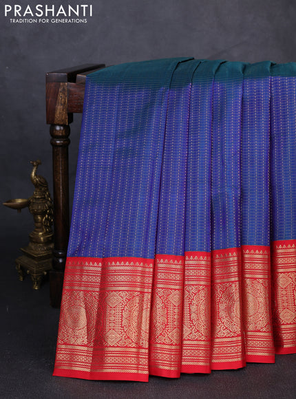 Pure kanchipuram silk saree peacock blue and red with allover zari checks & buttas and long zari woven korvai border