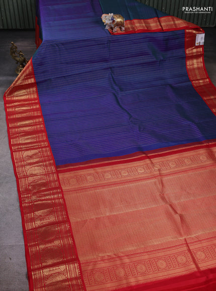 Pure kanchipuram silk saree peacock blue and red with allover zari checks & buttas and long zari woven korvai border