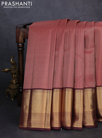 Pure kanchipuram silk saree pastel peach and coffee brown with allover small zari checked pattern and long zari woven border