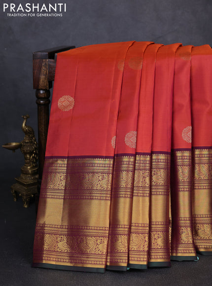 Pure kanchipuram silk saree dual tone rust and wine shade with zari woven buttas and long zari woven border