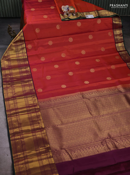 Pure kanchipuram silk saree dual tone rust and wine shade with zari woven buttas and long zari woven border