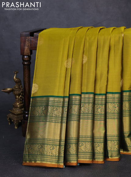 Pure kanchipuram silk saree mustard green and green with zari woven buttas and long zari woven border