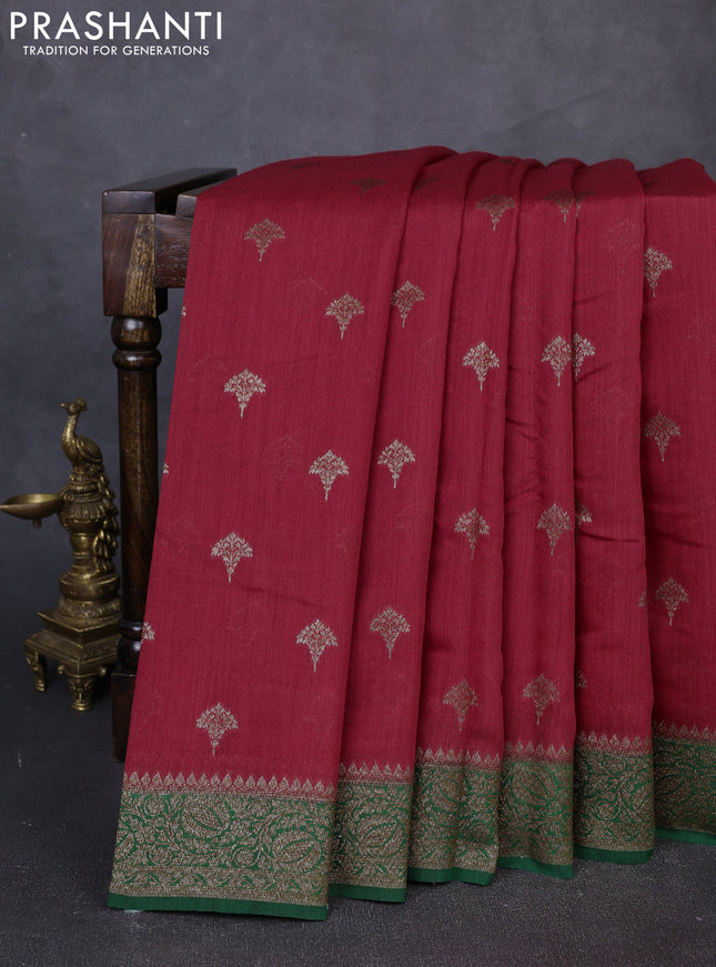 Banarasi munga saree red and green with allover thread & zari woven buttas and woven border