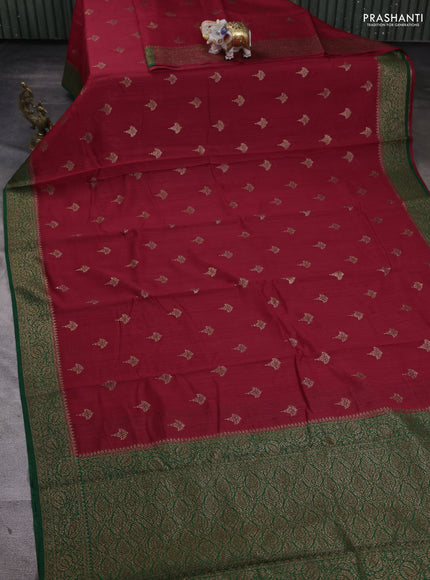 Banarasi munga saree red and green with allover thread & zari woven buttas and woven border