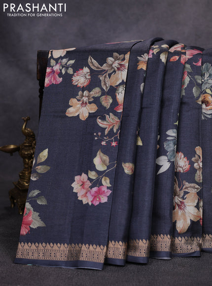 Pure tussar silk saree dark grey with allover floral digital prints and zari woven border