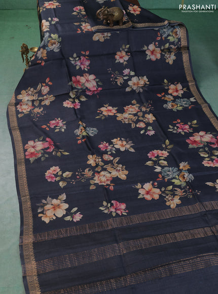 Pure tussar silk saree dark grey with allover floral digital prints and zari woven border