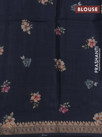Pure tussar silk saree dark grey with allover floral digital prints and zari woven border