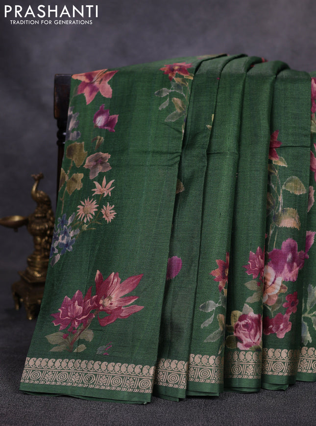 Pure tussar silk saree green with allover floral digital prints and zari woven border