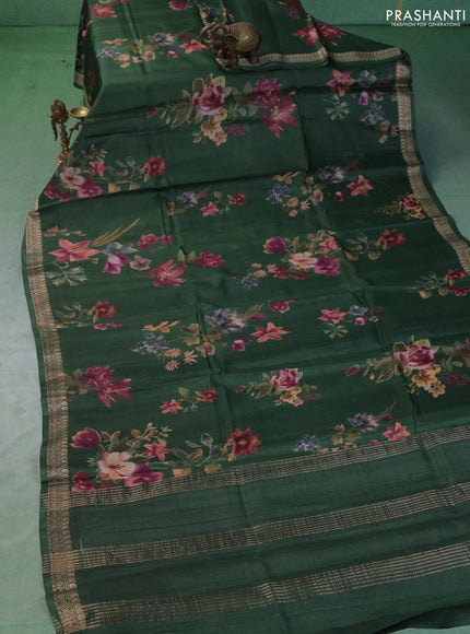 Pure tussar silk saree green with allover floral digital prints and zari woven border