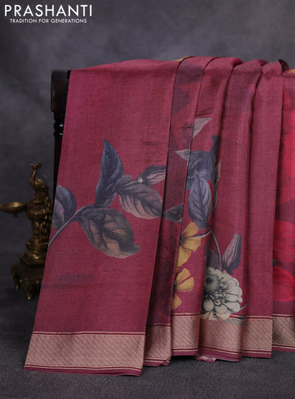Pure tussar silk saree deep maroon with allover floral digital prints and zari woven border